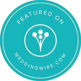 Featured on WeddingWire badge with turquoise circular design and white bouquet icon in center