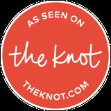 Red circular badge with white text reading As Seen On The Knot and theknot.com website